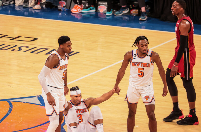 NEW YORK, UNITED STATES - APRIL 30: RJ Barrett (9) Immanuel Quickley (5) and Josh Hart (3) of the New York Knicks are seen during the game against the Miami Heat at Madison Square Garden in New York, United States on April 30, 2023. (Photo by Secuk Acar/Anadolu Agency via Getty Images)