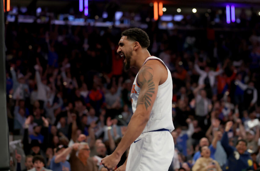 Apr 21, 2023; New York, New York, USA; New York Knicks forward Obi Toppin (1) reacts after dunking against the Cleveland Cavaliers during the fourth quarter of game three of the 2023 NBA playoffs at Madison Square Garden. Mandatory Credit: Brad Penner-USA TODAY Sports